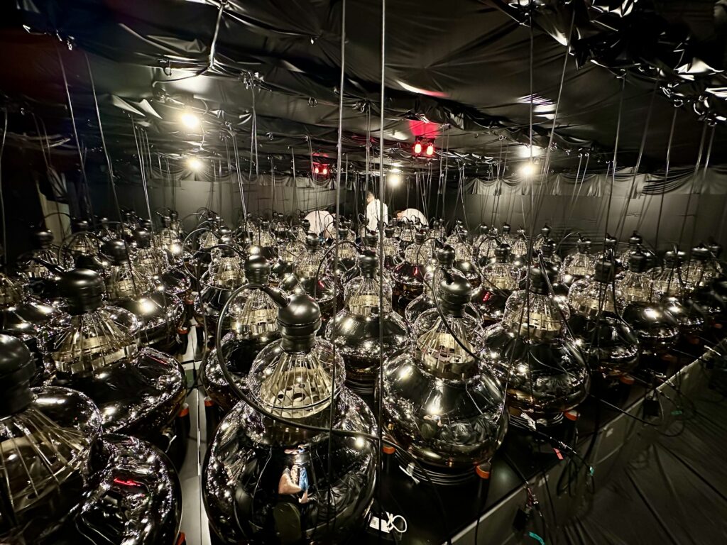Interior view of a large underground neutrino detector filled with suspended photomultiplier tubes used to detect rare particle interactions.